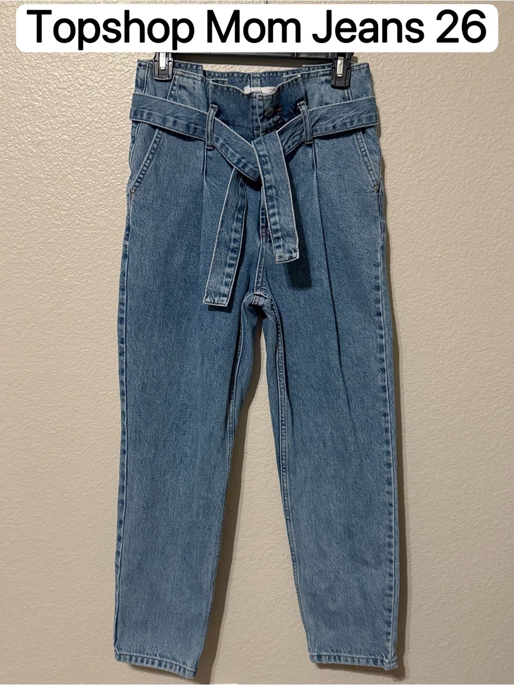 Topshop Mom Jeans High Waisted Belted Light Wash Denim